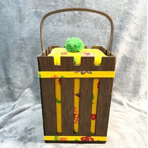 Vintage Handmade Wood Slat Sewing Box Pincushion Lid Yellow Floral Folk Art